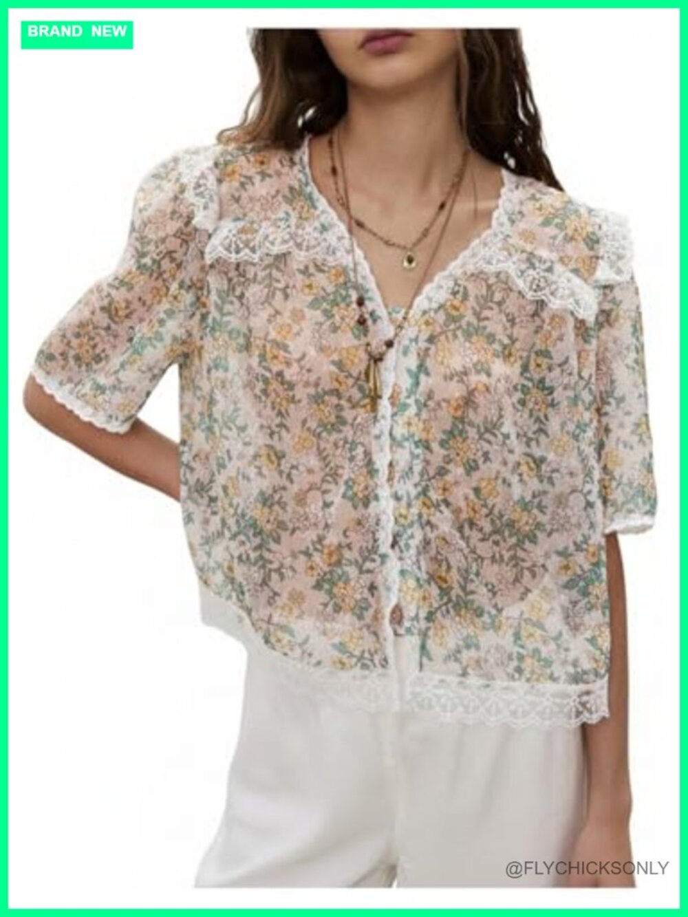 SweetyRocks Women's Boho Floral Sheer Lace Trim Button Down Ruffle Shirt